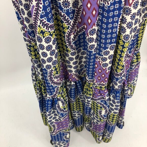 CQ by CQ multicolor geometric patchwork long sleeve ruffle Wrap Maxi dress Lg - Picture 6 of 14